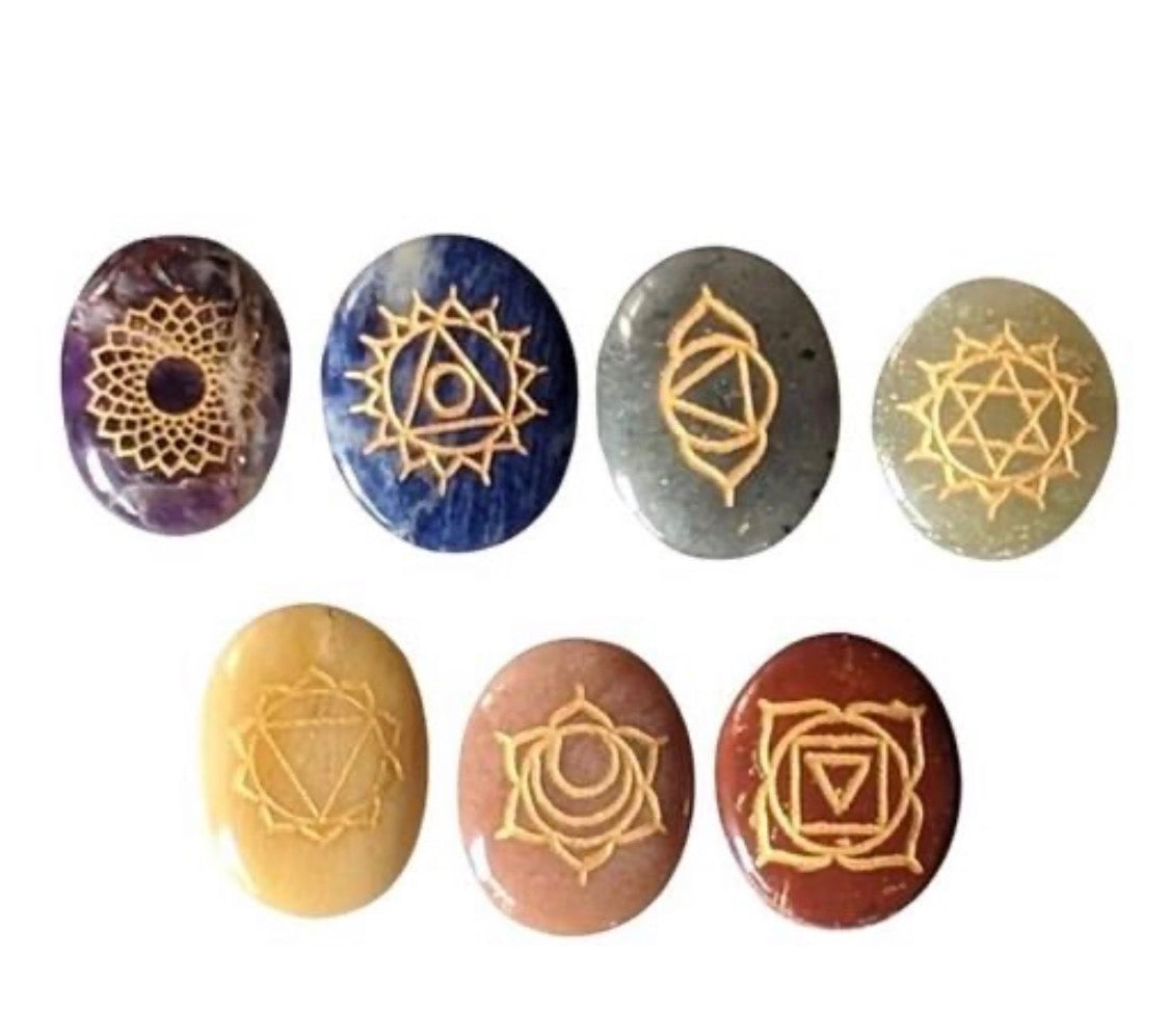 Natural 7 Chakra Engraved Oval Shape Stones for Reiki Crystal