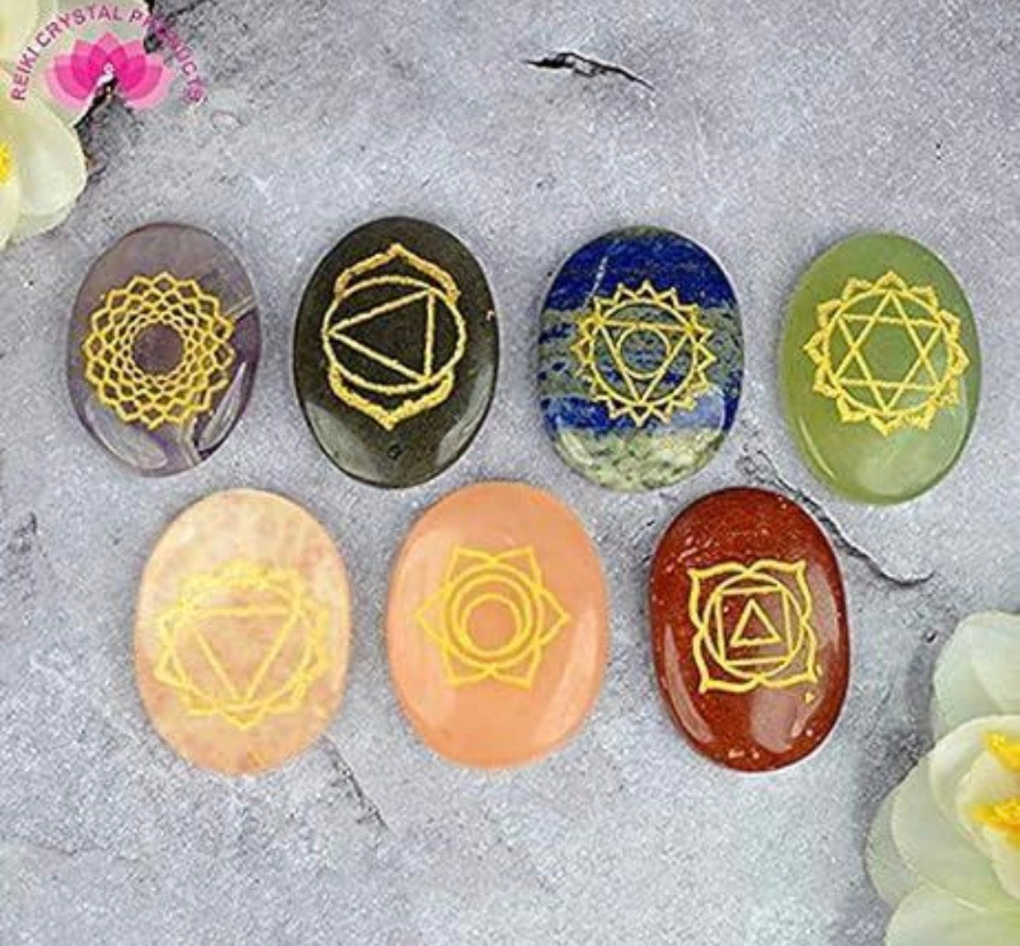 Natural 7 Chakra Engraved Oval Shape Stones for Reiki Crystal